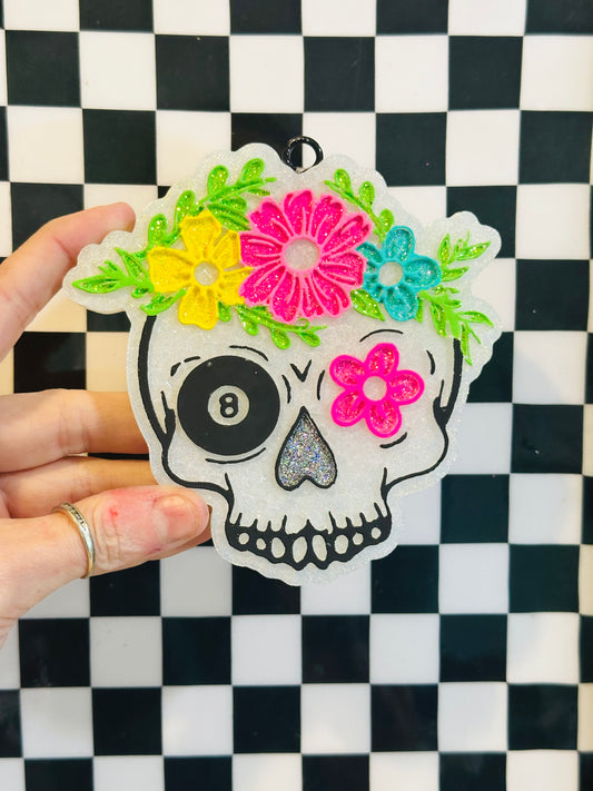 Floral 8ball  Skull Car Freshie