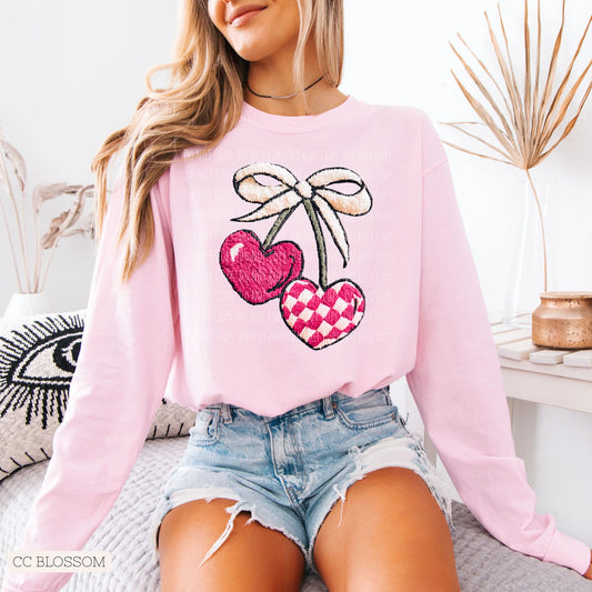 Faux Fuzzy Cherry Heart Sweatshirt